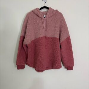 PINK Varsity Sherpa Half-Zip Pullover Hoodie Damsel Pink Colorblock - Size: XL